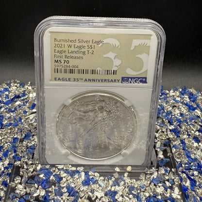 Burnished 2021 (W) $1 American Silver Eagle NCG MS70 First Releases T-2 35th Anniversary Eagle Label Mint Condition (1 of 1,997)
