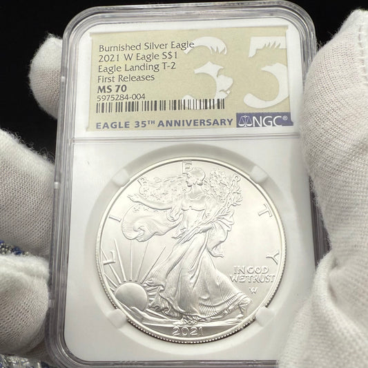 Burnished 2021 (W) $1 American Silver Eagle NCG MS70 First Releases T-2 35th Anniversary Eagle Label Mint Condition (1 of 1,997)