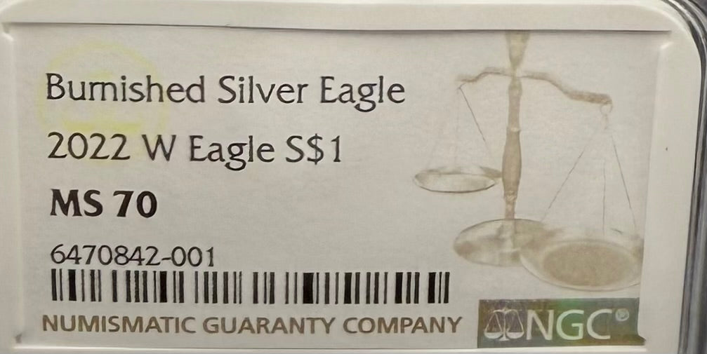 Burnished 2022 (W) $1 American Silver Eagle NCG MS70 Modern Brown Label Mint Condition (1 of 3,027)