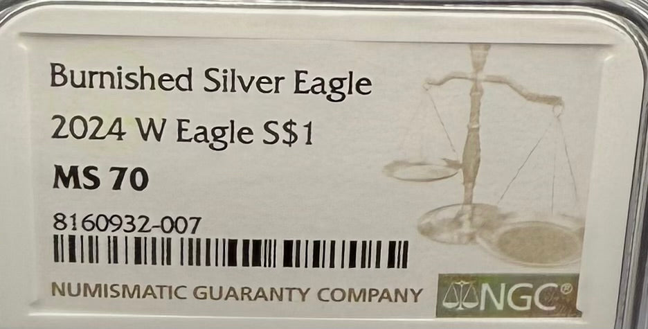 Burnished 2024 (W) $1 American Silver Eagle NCG MS70 Modern Brown Label Mint Condition (1 of 1,624)