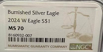 Burnished 2024 (W) $1 American Silver Eagle NCG MS70 Modern Brown Label Mint Condition (1 of 1,624)