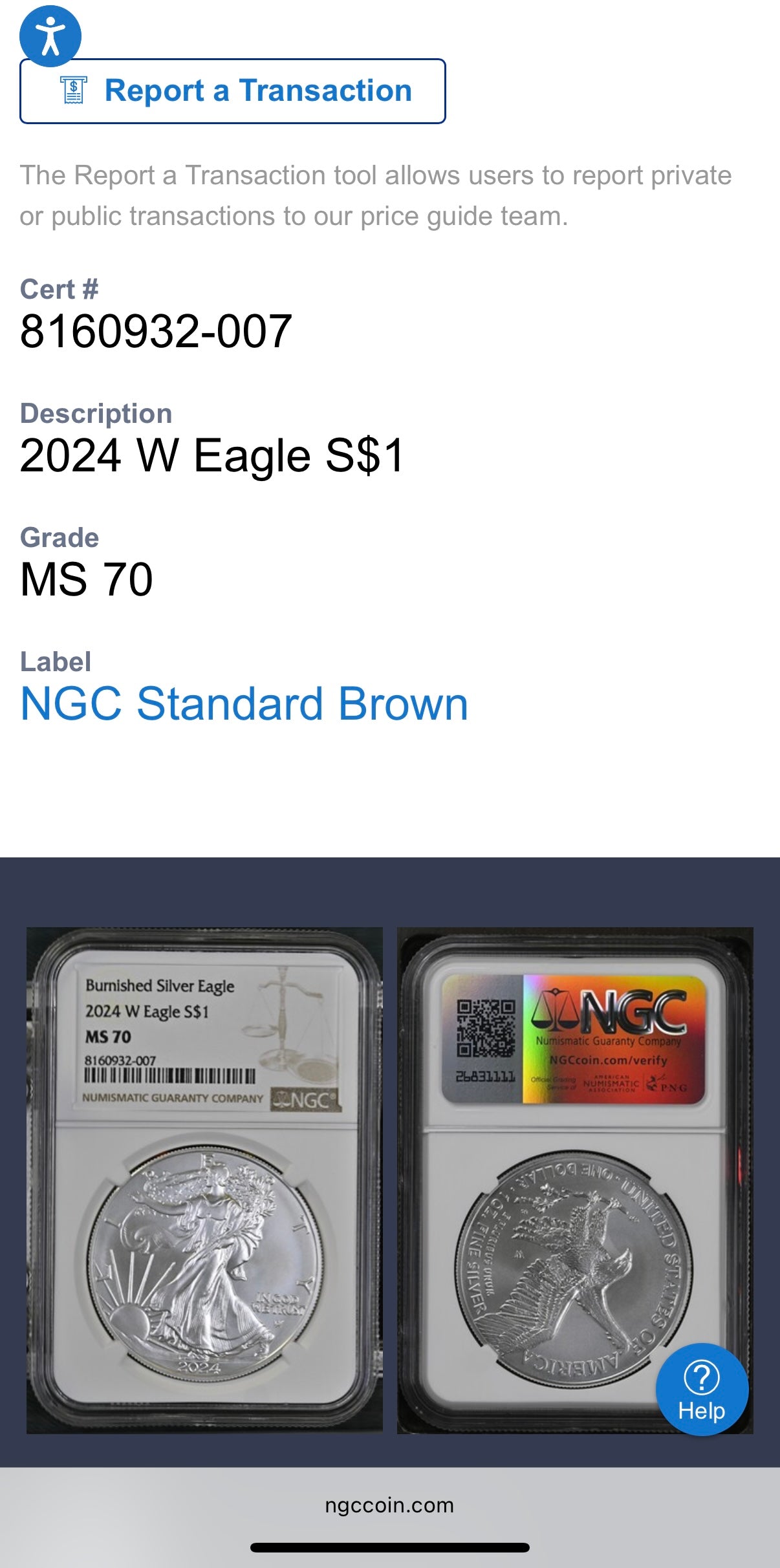 Burnished 2024 (W) $1 American Silver Eagle NCG MS70 Modern Brown Label Mint Condition (1 of 1,624)