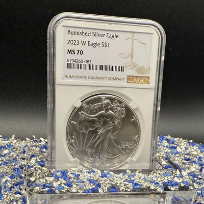 Burnished 2023 (W) $1 American Silver Eagle NCG MS70 Modern Brown Label Mint Condition (1 of 1,528)