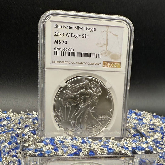 Burnished 2023 (W) $1 American Silver Eagle NCG MS70 Modern Brown Label Mint Condition (1 of 1,528)