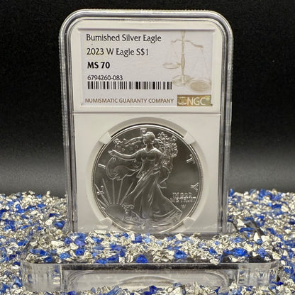 Burnished 2023 (W) $1 American Silver Eagle NCG MS70 Modern Brown Label Mint Condition (1 of 1,528)