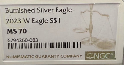 Burnished 2023 (W) $1 American Silver Eagle NCG MS70 Modern Brown Label Mint Condition (1 of 1,528)