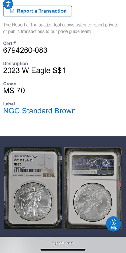 Burnished 2023 (W) $1 American Silver Eagle NCG MS70 Modern Brown Label Mint Condition (1 of 1,528)