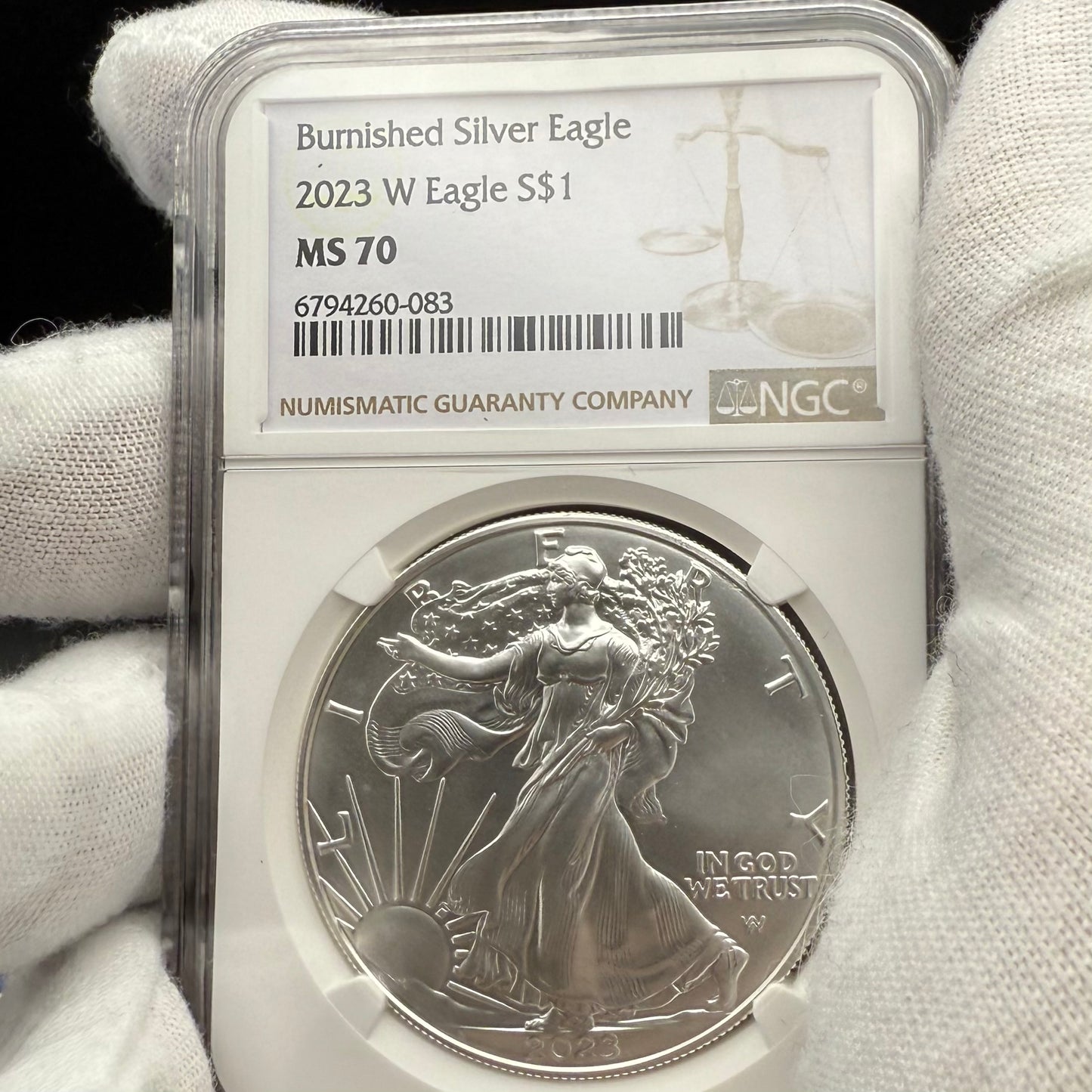 Burnished 2023 (W) $1 American Silver Eagle NCG MS70 Modern Brown Label Mint Condition (1 of 1,528)