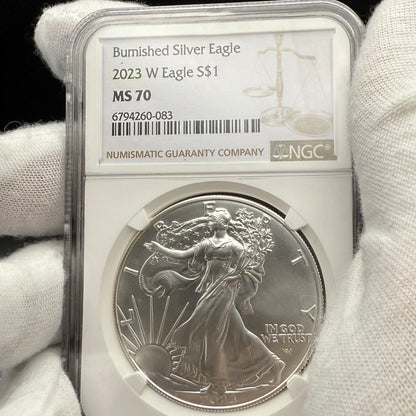 Burnished 2023 (W) $1 American Silver Eagle NCG MS70 Modern Brown Label Mint Condition (1 of 1,528)