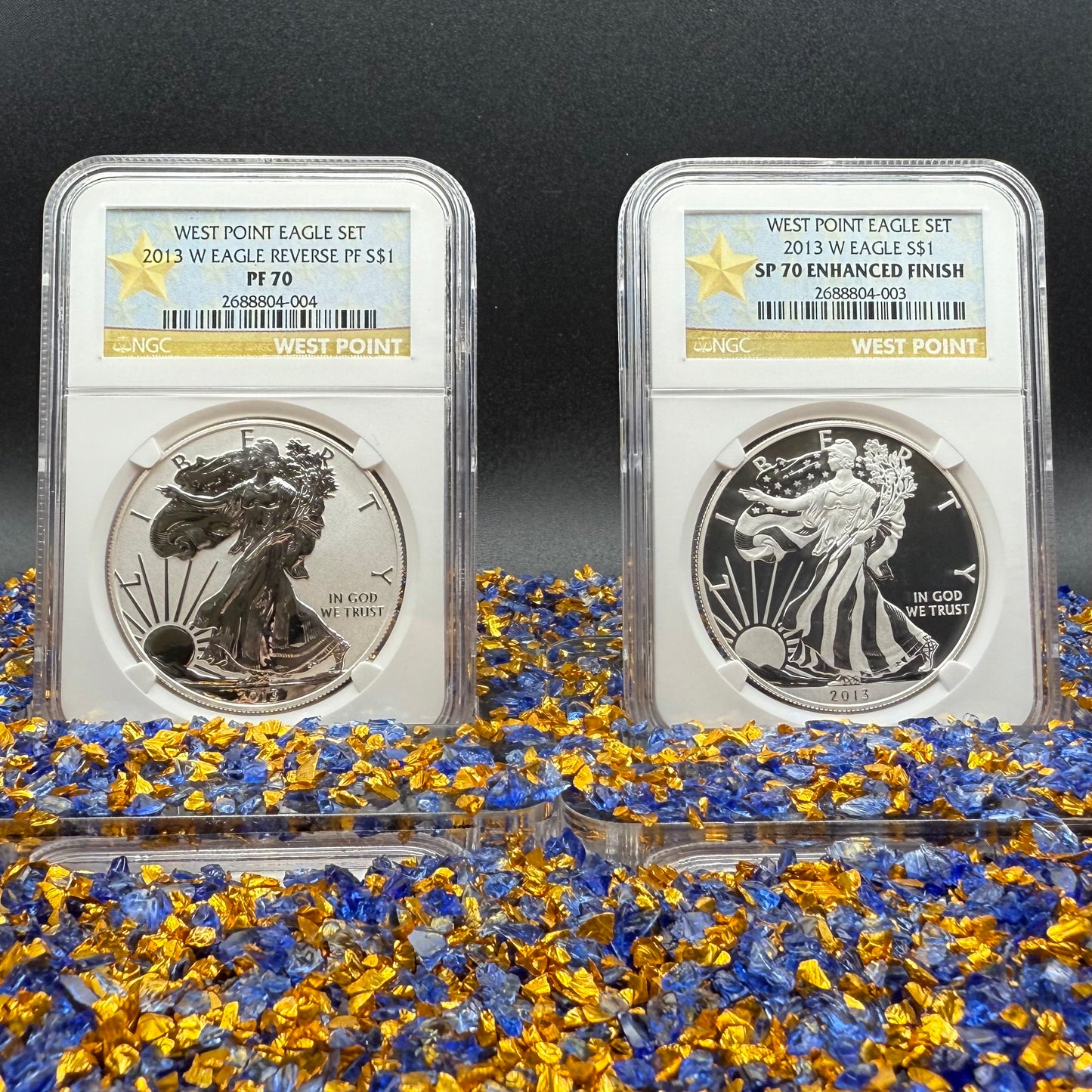 Reverse Proof & Enhanced Finish (2 Coin Set) 2013 (W) $1 American Silver Eagle NGC PF70 White Core Holder Gold Star Label Mint