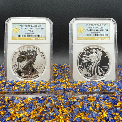 Reverse Proof & Enhanced Finish (2 Coin Set) 2013 (W) $1 American Silver Eagle NGC PF70 White Core Holder Gold Star Label Mint