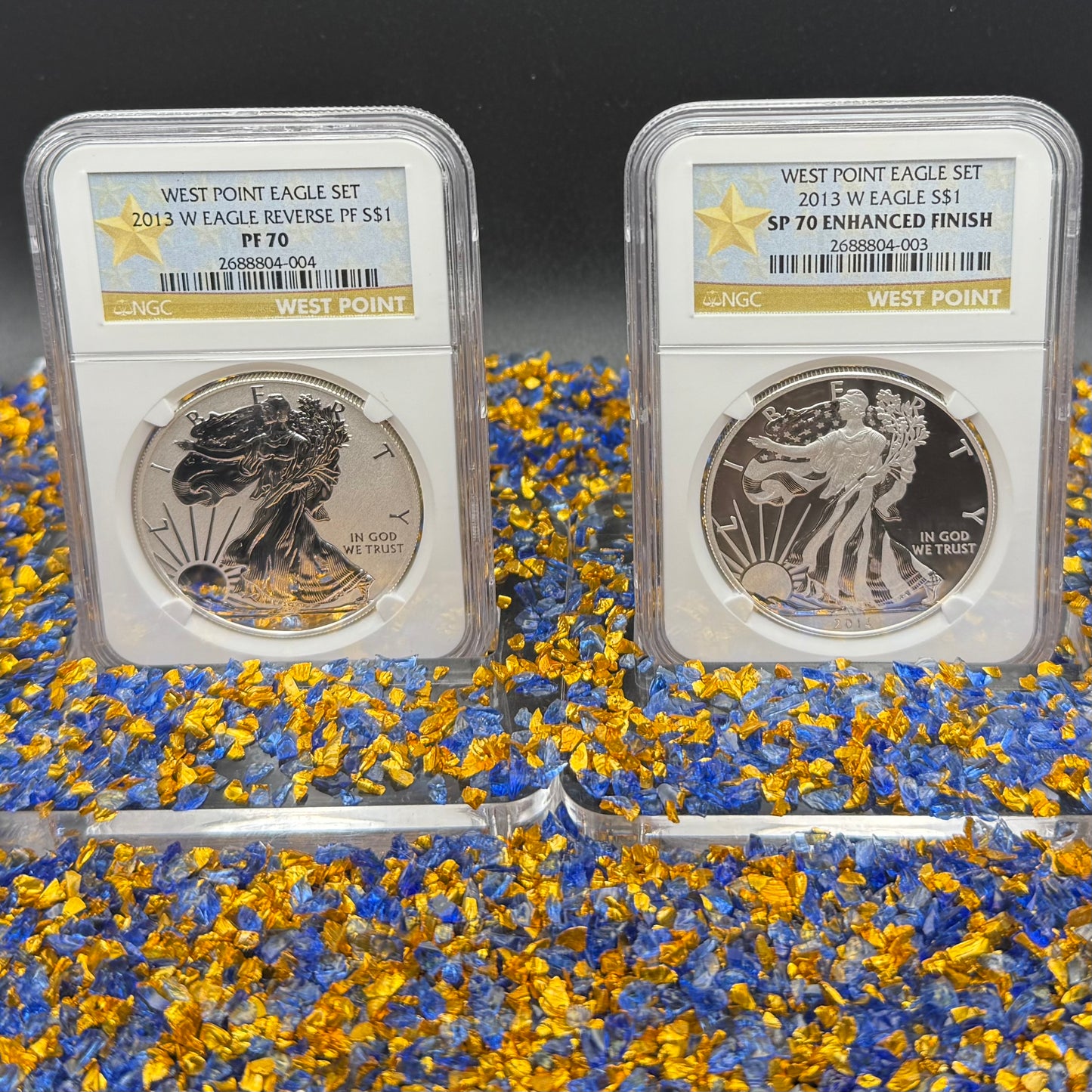 Reverse Proof & Enhanced Finish (2 Coin Set) 2013 (W) $1 American Silver Eagle NGC PF70 White Core Holder Gold Star Label Mint