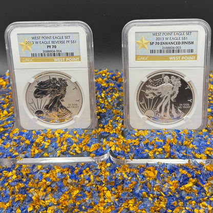 Reverse Proof & Enhanced Finish (2 Coin Set) 2013 (W) $1 American Silver Eagle NGC PF70 White Core Holder Gold Star Label Mint