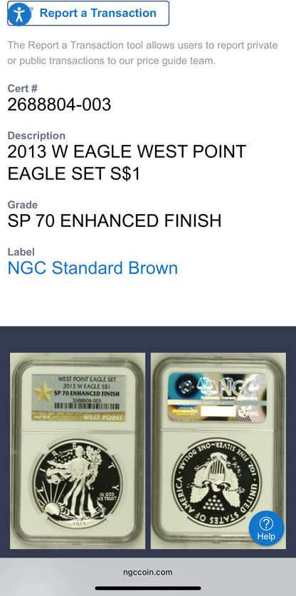 Reverse Proof & Enhanced Finish (2 Coin Set) 2013 (W) $1 American Silver Eagle NGC PF70 White Core Holder Gold Star Label Mint