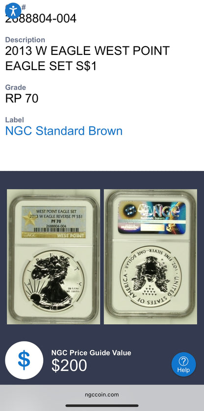 Reverse Proof & Enhanced Finish (2 Coin Set) 2013 (W) $1 American Silver Eagle NGC PF70 White Core Holder Gold Star Label Mint