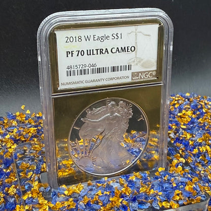 Proof 2018 (W) $1 American Silver Eagle NGC PF70UC Classic Brown Label Gold Foil (1 of 5,446)