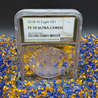 Proof 2018 (W) $1 American Silver Eagle NGC PF70UC Classic Brown Label Gold Foil (1 of 5,446)