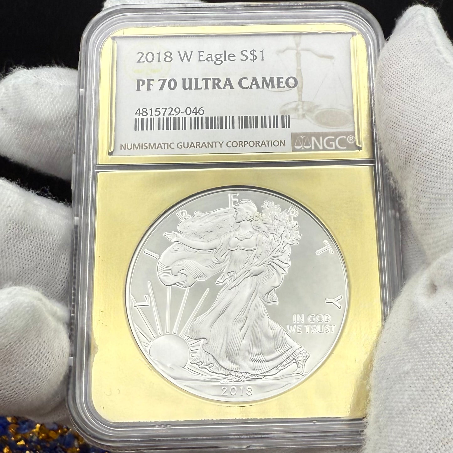 Proof 2018 (W) $1 American Silver Eagle NGC PF70UC Classic Brown Label Gold Foil (1 of 5,446)
