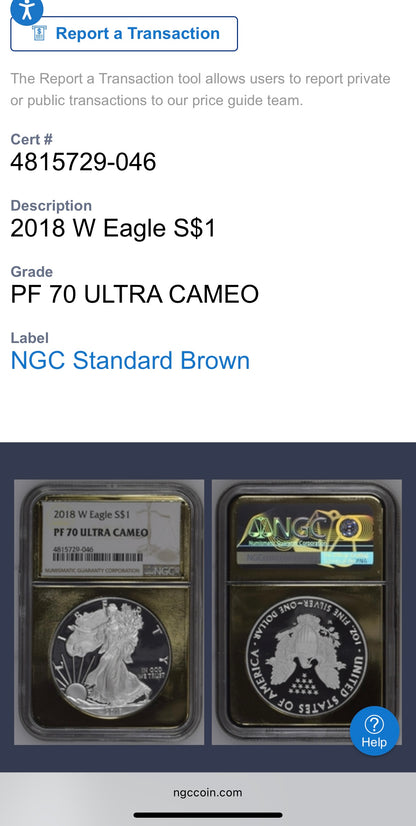 Proof 2018 (W) $1 American Silver Eagle NGC PF70UC Classic Brown Label Gold Foil (1 of 5,446)
