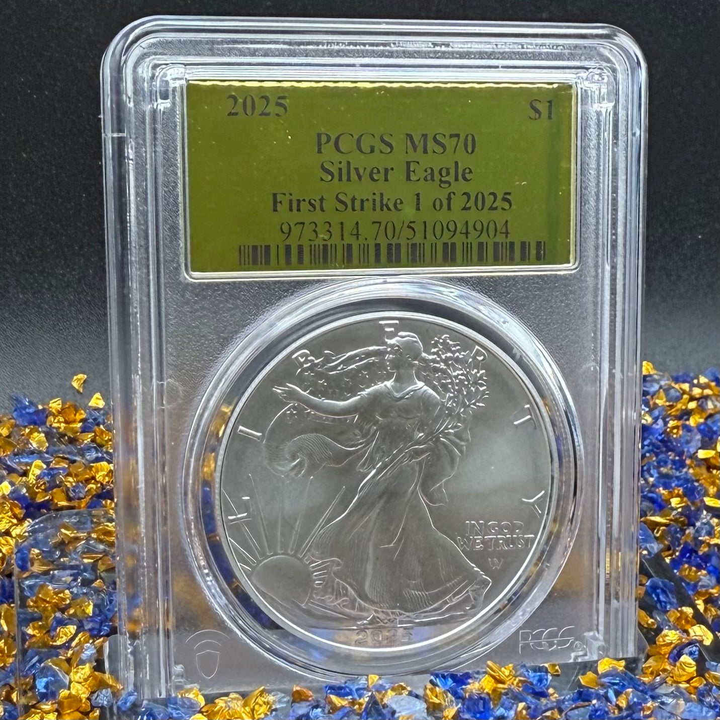 2025 $1 (W) American Silver Eagle PCGS MS70 First Strike Gold Foil Label Mint Condition (Rare 1 of 2,025)