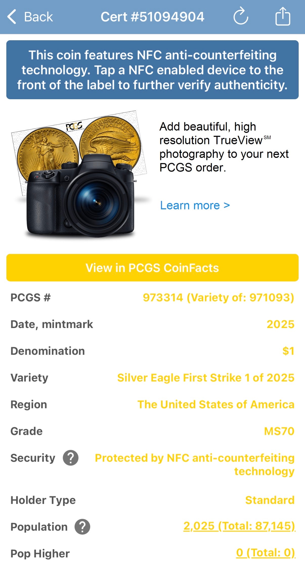 2025 $1 (W) American Silver Eagle PCGS MS70 First Strike Gold Foil Label Mint Condition (Rare 1 of 2,025)