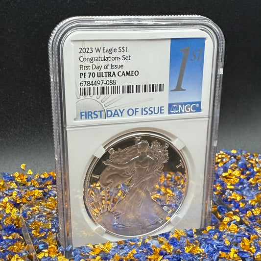Proof 2023 (W) $1 American Silver Eagle NGC PF70UC Congratulations Set First Day of Issue White Holder (1 of 2,024)