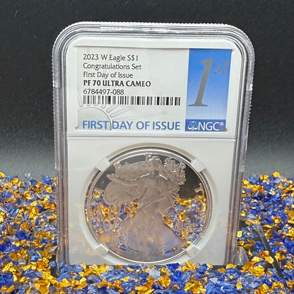 Proof 2023 (W) $1 American Silver Eagle NGC PF70UC Congratulations Set First Day of Issue White Holder (1 of 2,024)