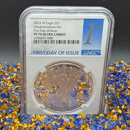 Proof 2023 (W) $1 American Silver Eagle NGC PF70UC Congratulations Set First Day of Issue White Holder (1 of 2,024)