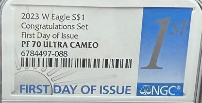 Proof 2023 (W) $1 American Silver Eagle NGC PF70UC Congratulations Set First Day of Issue White Holder (1 of 2,024)