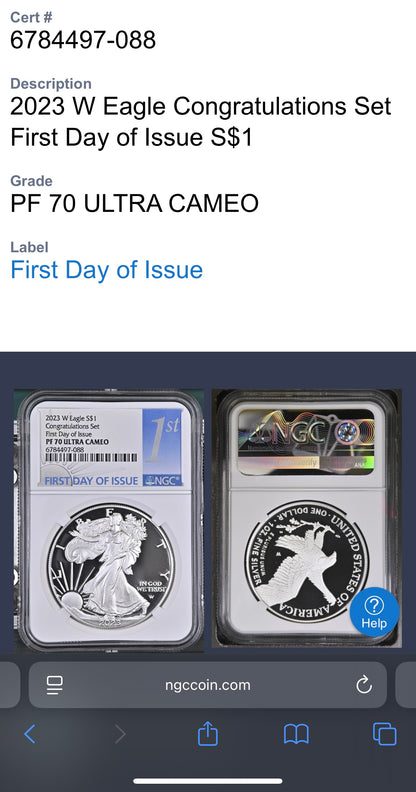 Proof 2023 (W) $1 American Silver Eagle NGC PF70UC Congratulations Set First Day of Issue White Holder (1 of 2,024)