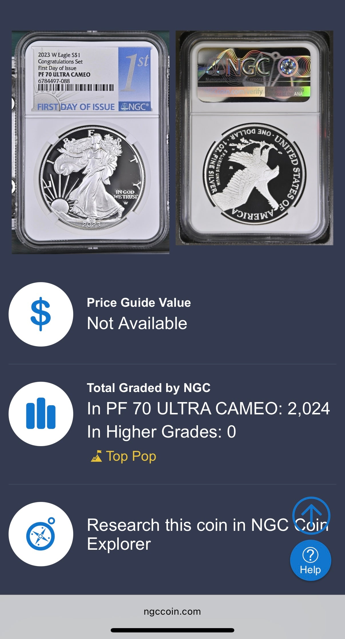 Proof 2023 (W) $1 American Silver Eagle NGC PF70UC Congratulations Set First Day of Issue White Holder (1 of 2,024)