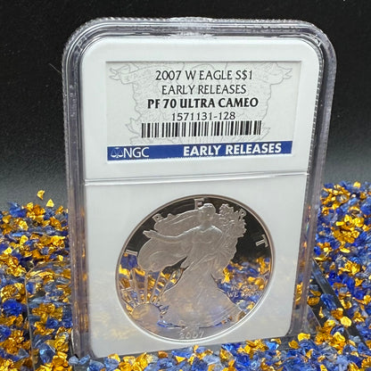 Proof 2007 (W) $1 American Silver Eagle NGC PF70UC Early Releases Class Blue Label White Holder (1 of 16,133) Mint