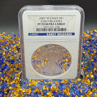 Proof 2007 (W) $1 American Silver Eagle NGC PF70UC Early Releases Class Blue Label White Holder (1 of 16,133) Mint