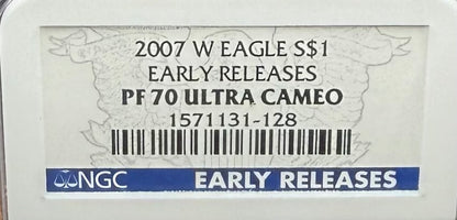 Proof 2007 (W) $1 American Silver Eagle NGC PF70UC Early Releases Class Blue Label White Holder (1 of 16,133) Mint