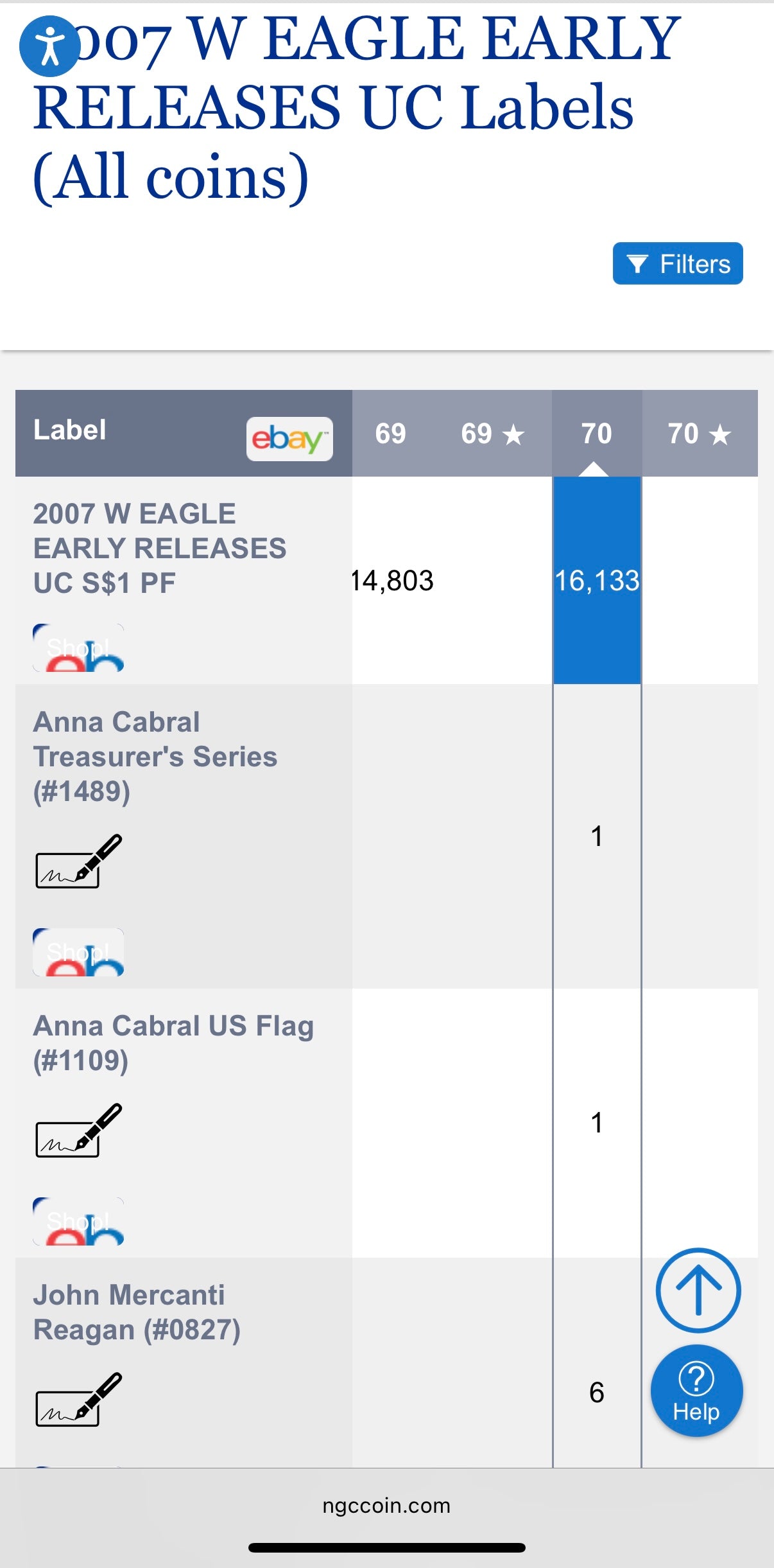 Proof 2007 (W) $1 American Silver Eagle NGC PF70UC Early Releases Class Blue Label White Holder (1 of 16,133) Mint