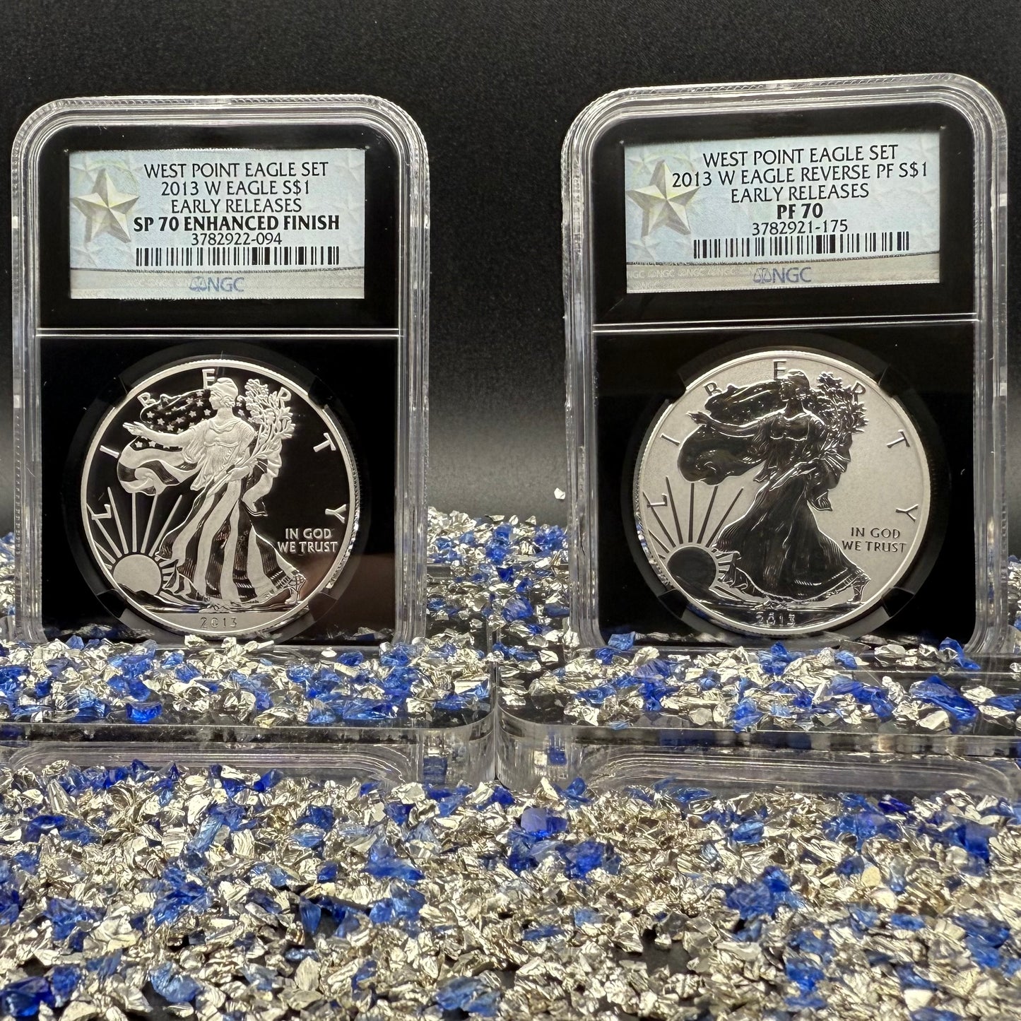 Reverse Proof & Enhanced Finish (2 Coin Set) 2013 (W) $1 American Silver Eagle NGC PF70 Black Core Holder West Point Silver Star Label