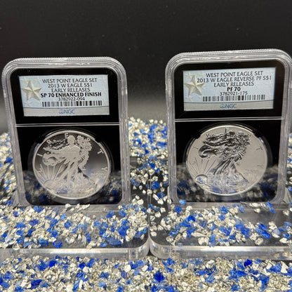 Reverse Proof & Enhanced Finish (2 Coin Set) 2013 (W) $1 American Silver Eagle NGC PF70 Black Core Holder West Point Silver Star Label
