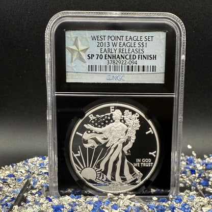 Reverse Proof & Enhanced Finish (2 Coin Set) 2013 (W) $1 American Silver Eagle NGC PF70 Black Core Holder West Point Silver Star Label