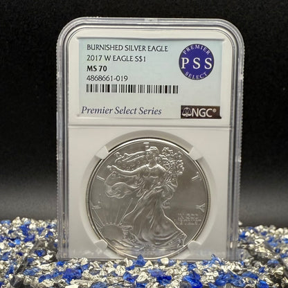 Burnished 2017 (W) $1 American Silver Eagle NGC MS70 Rare Premier Select Series Label Mint Condition