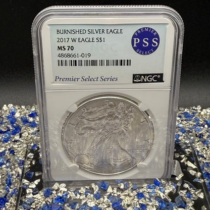 Burnished 2017 (W) $1 American Silver Eagle NGC MS70 Rare Premier Select Series Label Mint Condition