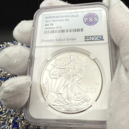 Burnished 2017 (W) $1 American Silver Eagle NGC MS70 Rare Premier Select Series Label Mint Condition