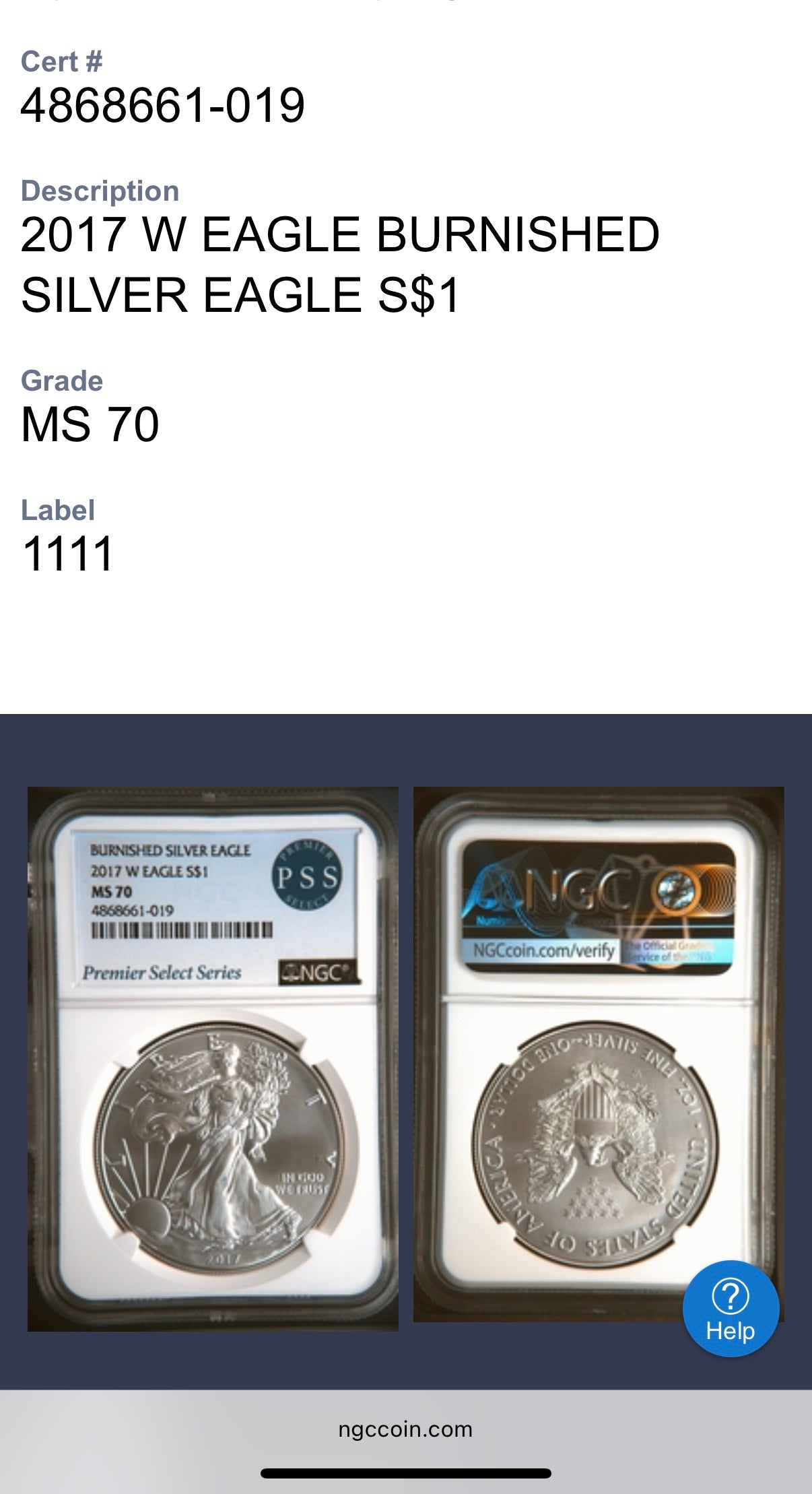 Burnished 2017 (W) $1 American Silver Eagle NGC MS70 Rare Premier Select Series Label Mint Condition