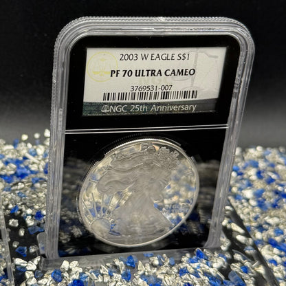Proof 2003 (W) $1 American Silver Eagle NGC PF70UC Classic Blue Label Black Holder (1 of 11,073)