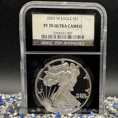 Proof 2003 (W) $1 American Silver Eagle NGC PF70UC Classic Blue Label Black Holder (1 of 11,073)