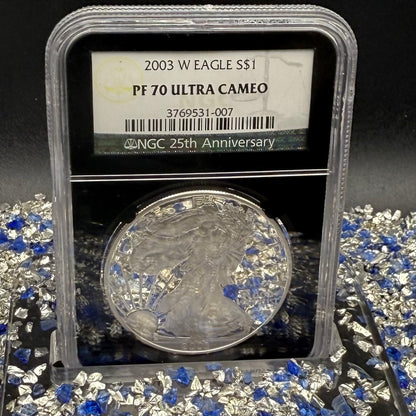 Proof 2003 (W) $1 American Silver Eagle NGC PF70UC Classic Blue Label Black Holder (1 of 11,073)