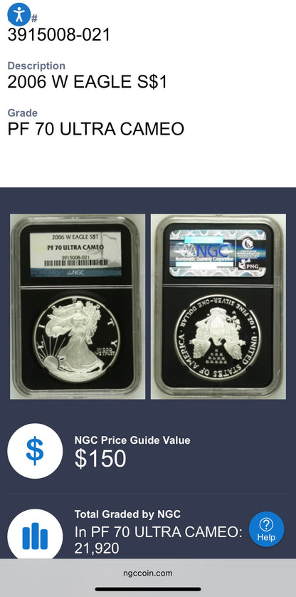 Proof 2006 (W) $1 American Silver Eagle NGC PF70UC Classic Blue Label Black Holder (1 of 21,920)
