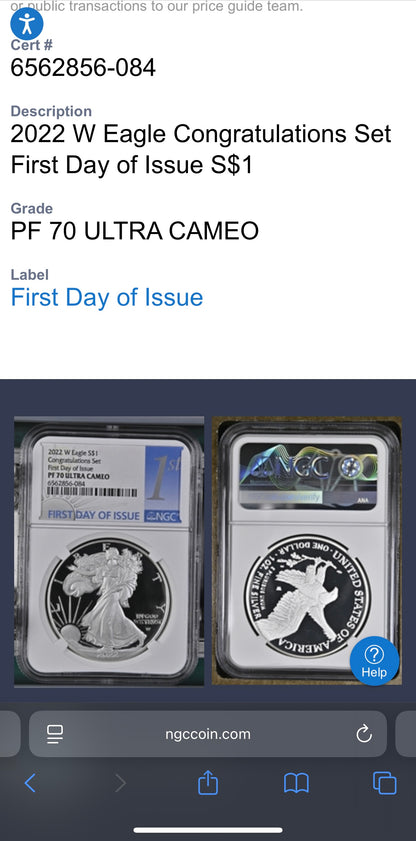 Proof 2022 (W) $1 American Silver Eagle NGC PF70UC Congratulations Set First Day of Issue White Holder Mint Condition (1 of 2,000)