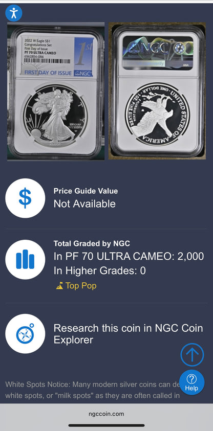 Proof 2022 (W) $1 American Silver Eagle NGC PF70UC Congratulations Set First Day of Issue White Holder Mint Condition (1 of 2,000)