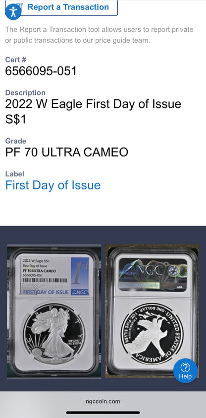Proof 2022 (W) $1 American Silver Eagle NGC PF70UC First Day of Issue White Holder Mint Condition (1 of 9,038)