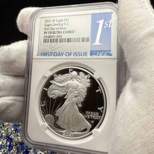 Proof 2021 (W) $1 American Silver Eagle NGC PF70UC T-1 First Day of Issue White Holder Mint Condition (1 of 6,881)